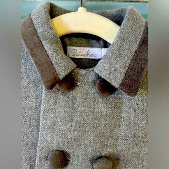 Boys flannel grey coat with velvet buttons and trim. Size 6m - Picture 3 of 3